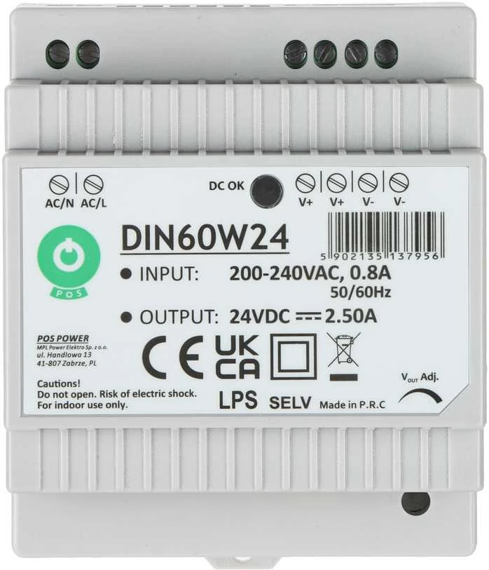 Mpl Power Elektro Oem Maitinimo šaltinis DIN60W24 montuojamas ant DIN bėgio 24V 2.5A 60W