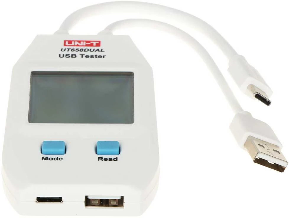USB-A, USB-C testeris, QC1.0/ 2.0/ 3.0/ 4.0 (C tipas) ir QC1.0/ 2.0/ 3.0 (A tipas) protokolai, 0~99999mAh; 0~1000Wh; 1~480?, 4~24VDC, UNI-T