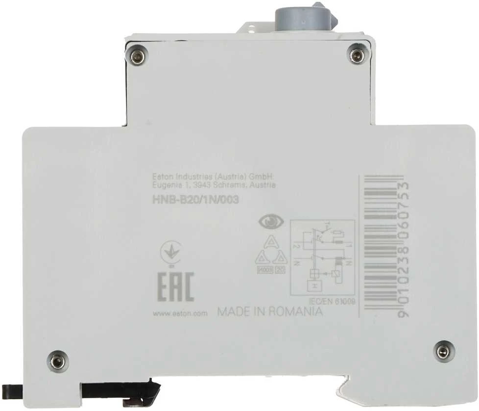LIKUTINĖS SROVĖS GRANDINĖS PERTRAUKIKLIS HNB-B20/1N/003 VIENFAZIS, AC TIPAS 30 mA 20 A EATON