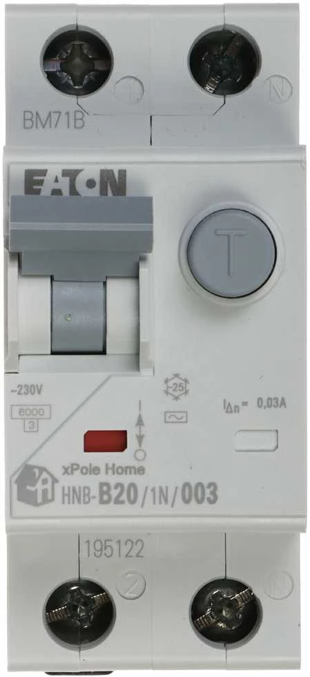 LIKUTINĖS SROVĖS GRANDINĖS PERTRAUKIKLIS HNB-B20/1N/003 VIENFAZIS, AC TIPAS 30 mA 20 A EATON