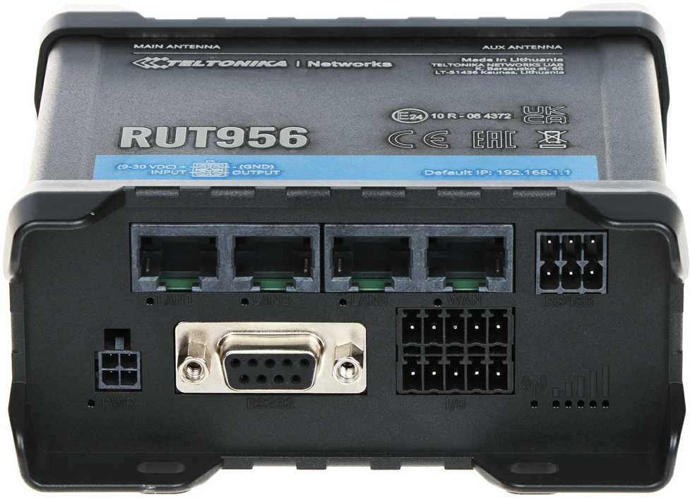 Šakotuvas Teltonika | Pramoninis maršrutizatorius | RUT956 | 802.11n | 10/100 Mbit/s | Ethernet LAN (RJ-45) jungtys 4 | Palaikomas tinklelis: ne | MU-MiMO: ne | 2G/3G/4G | Antenos tipas: 2 x SMA, skirtas LTE, 2 x RP-SMA, skirtas WiFi, 1 x SMA, skirtas GNSS | 1 x USB 2.0