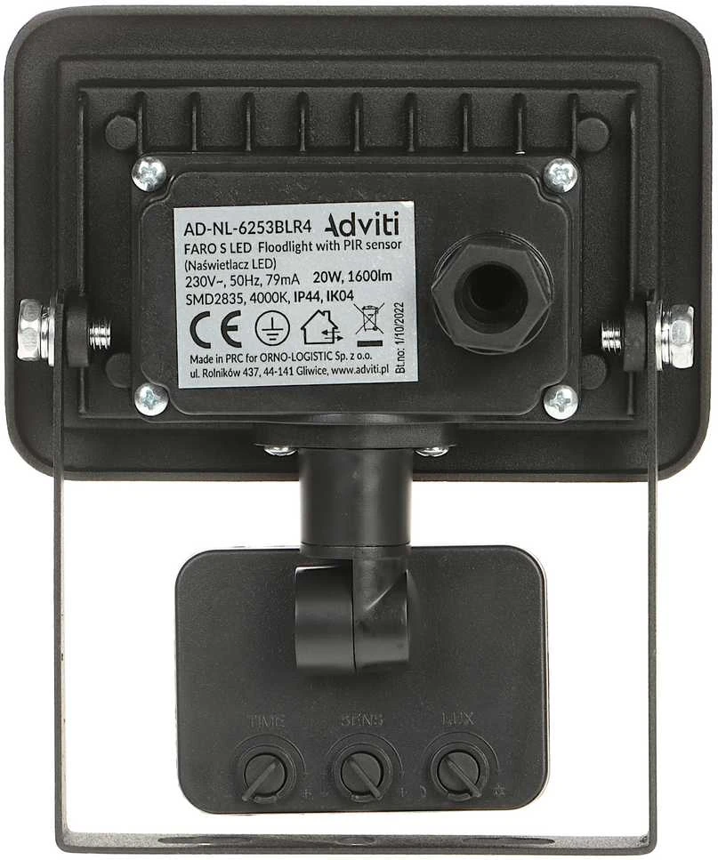 Orno FARO S LED prožektorius su PIR 20W, 1600lm, IP44, 4000K, aliuminis + stiklas