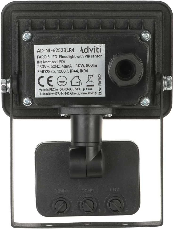 Orno FARO S LED prožektorius su PIR 10W, 800lm, IP44, 4000K, aliuminis + stiklas