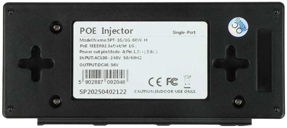 TST PoE purkštukas SPT-1G/1G-60W-H galinė pusė su specifikacijomis