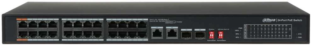 „Dahua Technology Co“ PoE šakotuvas, 24 prievadų, PoE+, 2 RJ45 prievadų + 2 SFP prievadų, 240 W