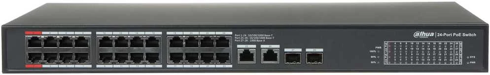 Dahua PoE šakotuvas 24-Portų, PoE+, uplink 2-Port RJ45 + uplink 2-Port SFP, 360W