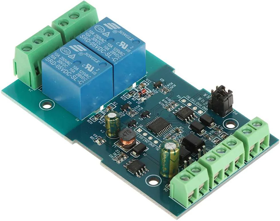 2R-D7 Modbus RTU relės modulis su mėlynais komponentais