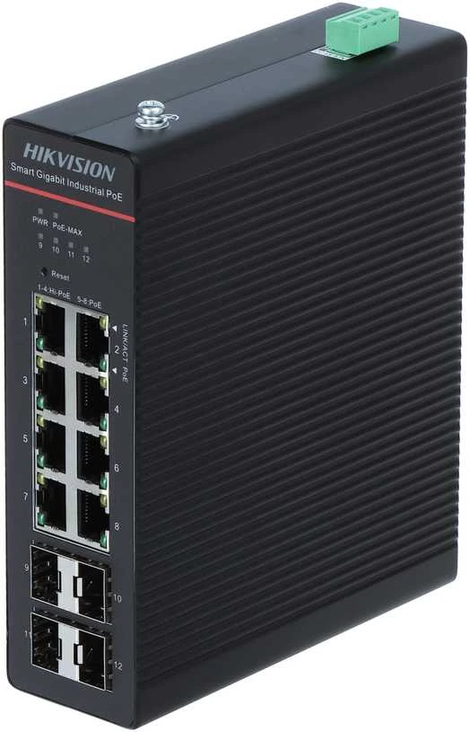 Šakotuvas PRAMONINIS SWITCH'AS POE DS-3T1512HP-SI-8P4F/NOPOWER 8 PRIEVADŲ SFP Hikvision