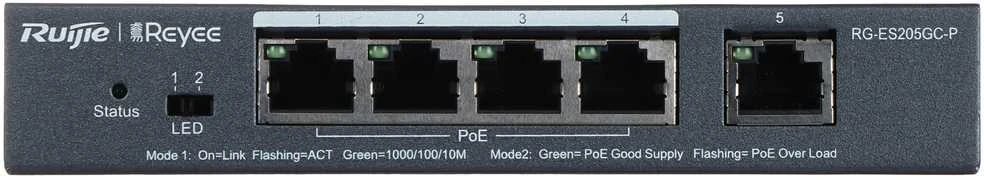 Šakotuvas 5 prievadų, 4 PoE prievadų komutatorius Ruijie Reyee RG-ES205GC-P