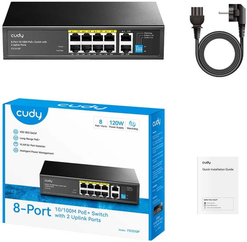 Šakotuvas Komutatorius - Cudy FS1010P 8-Portis PoE Fast Ethernet Juodas