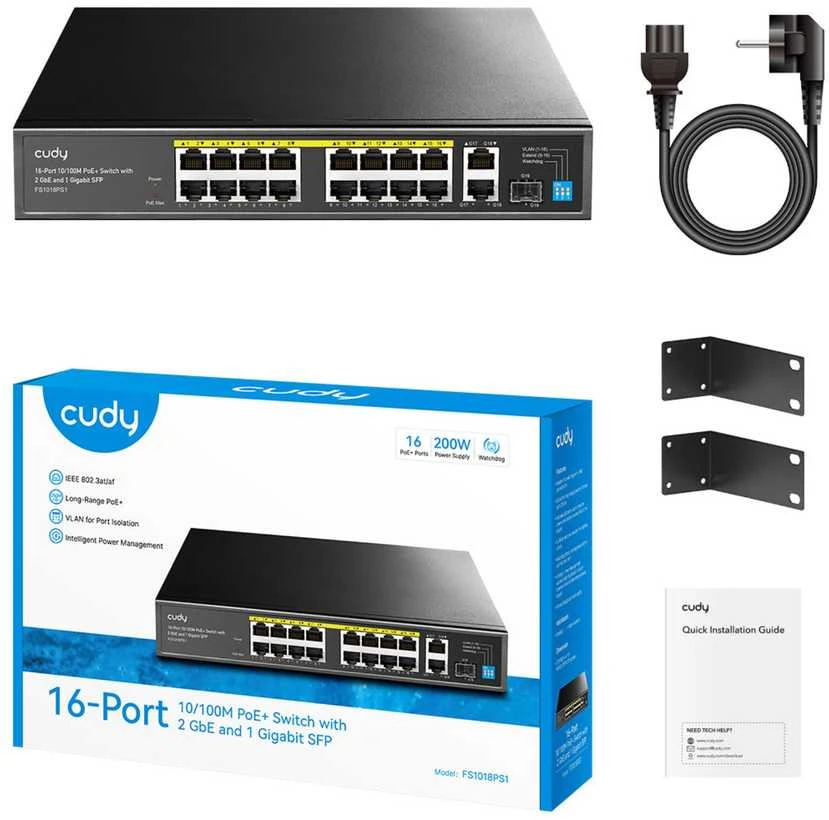 Šakotuvas Cudy FS1018PS1 tinklo jungiklis Fast Ethernet (10/100) Power over Ethernet (PoE) Pilkas