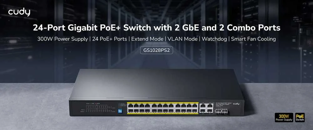 Šakotuvas Valdomas komutatorius - Cudy GS2028PS4 L2 Gigabit Ethernet PoE 1U Juodas
