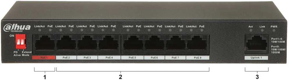 Šakotuvas SWITCH POE PFS3009-8ET1GT-96-V2 8 PRIEVADŲ DAHUA