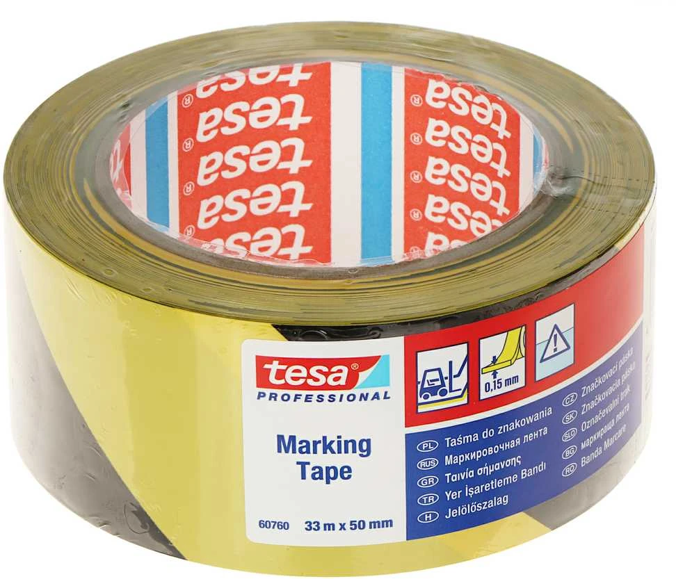 Įspėjamoji grindų žymėjimo juosta TESA (geltona/juoda) 33m x 50mm 60760-00093-15