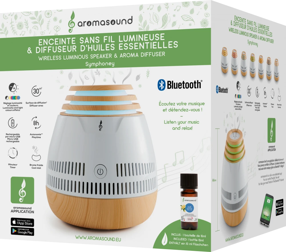 Drėkintuvas AROMASOUND SYMPHONEY Eterinių aliejų difuzorius su belaidžiu Bluetooth garsiakalbiu