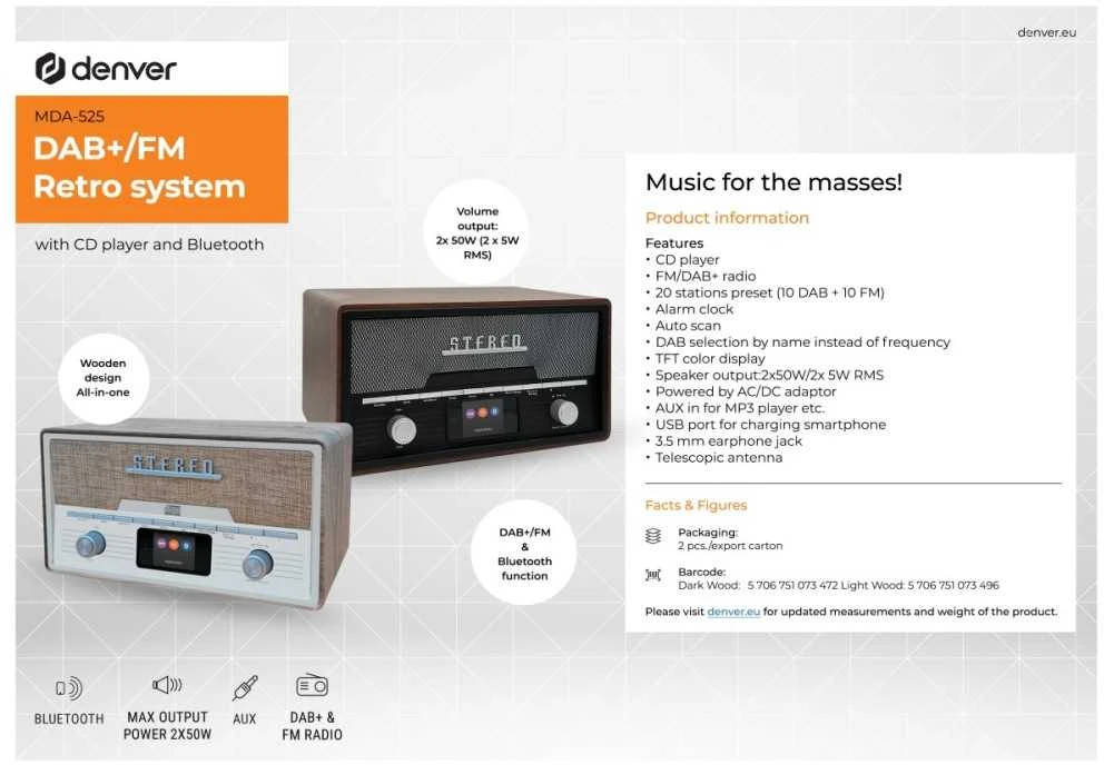 Muzikinis centras Radio retro Denver MDA-525DW dark wood