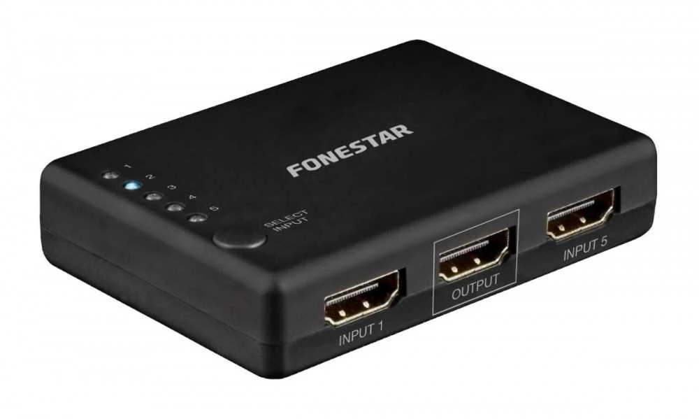 Fonestar FO-22SW51 HDMI jungiklis 5 x 1 (5 įėjimai x 1 išėjimas) su nuotolinio valdymo pulteliu. Automatinis perjungimas po signalo aptikimo.