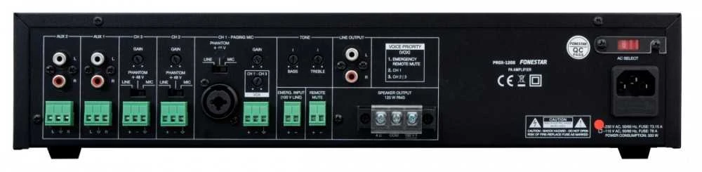 Fonestar PROX-120S - Universalus 100 V/mažos varžos stiprintuvas su 120 W RMS galia.