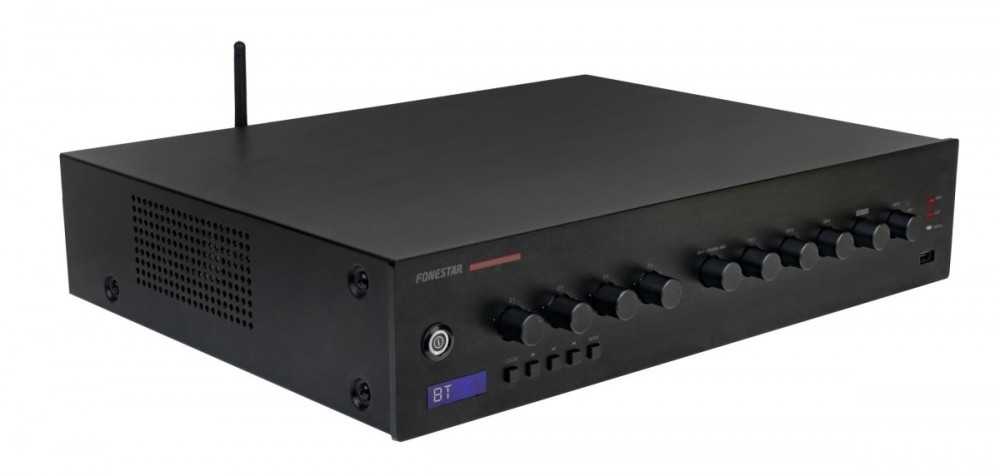 Fonestar PROX-240Z - 100 V 4 zonų stiprintuvas/imtuvas su 240W RMS, Bluetooth, USB ir FM radiju.