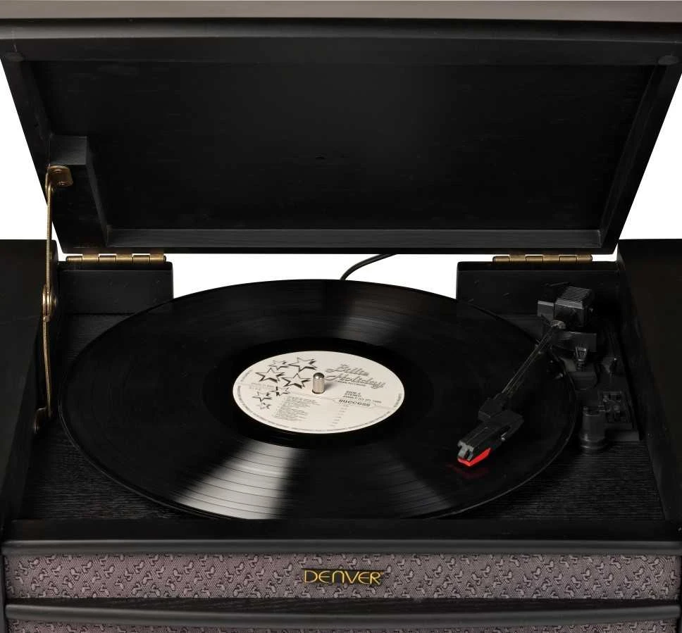 Muzikinis centras Medinis retro muzikos centras Denver MRD-51 su juodu patefonu
