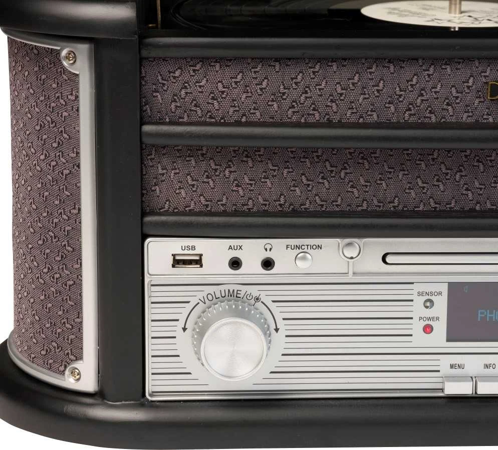 Muzikinis centras Medinis retro muzikos centras Denver MRD-51 su juodu patefonu