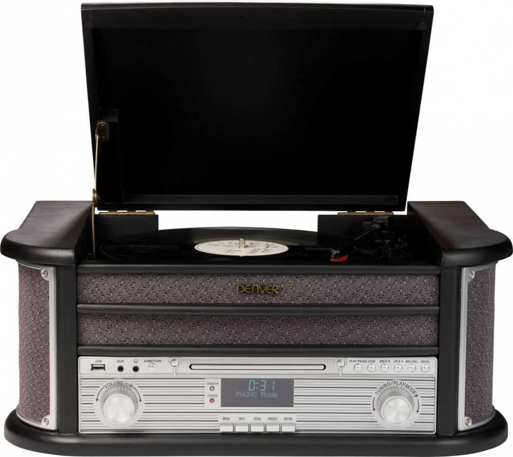 Muzikinis centras Medinis retro muzikos centras Denver MRD-51 su juodu patefonu