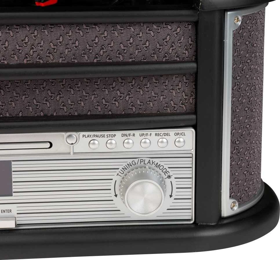 Muzikinis centras Medinis retro muzikos centras Denver MRD-51 su juodu patefonu