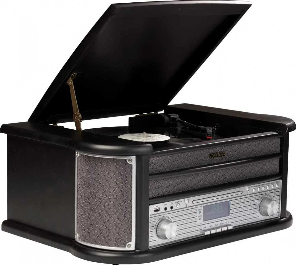 Muzikinis centras Medinis retro muzikos centras Denver MRD-51 su juodu patefonu