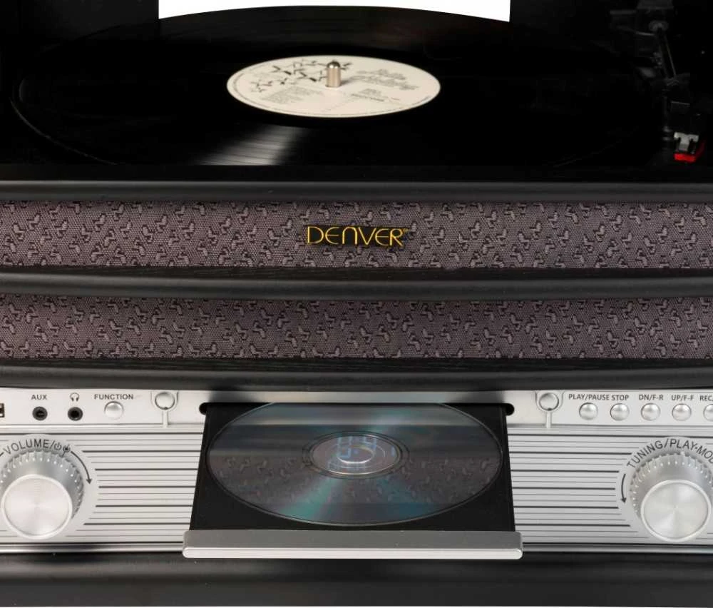 Muzikinis centras Medinis retro muzikos centras Denver MRD-51 su juodu patefonu