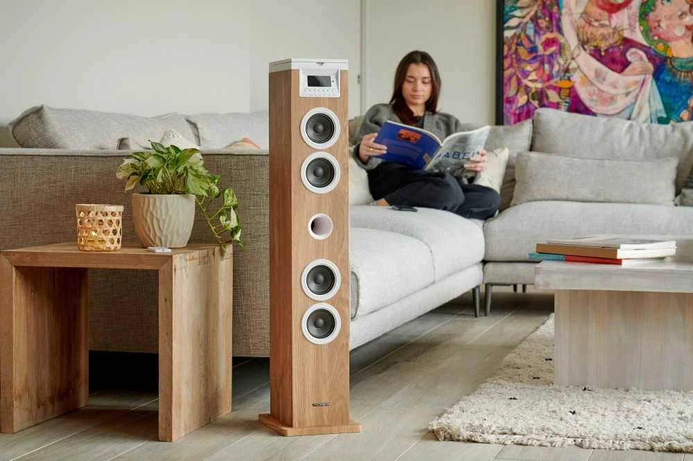 Kompiuterio kolonėlės Garsiakalbių Sistema - Thomson Sound Tower 60W CD USB SD Radijas Aux Nuotolinio Valdymo Pultas, Medinis, Baltas.