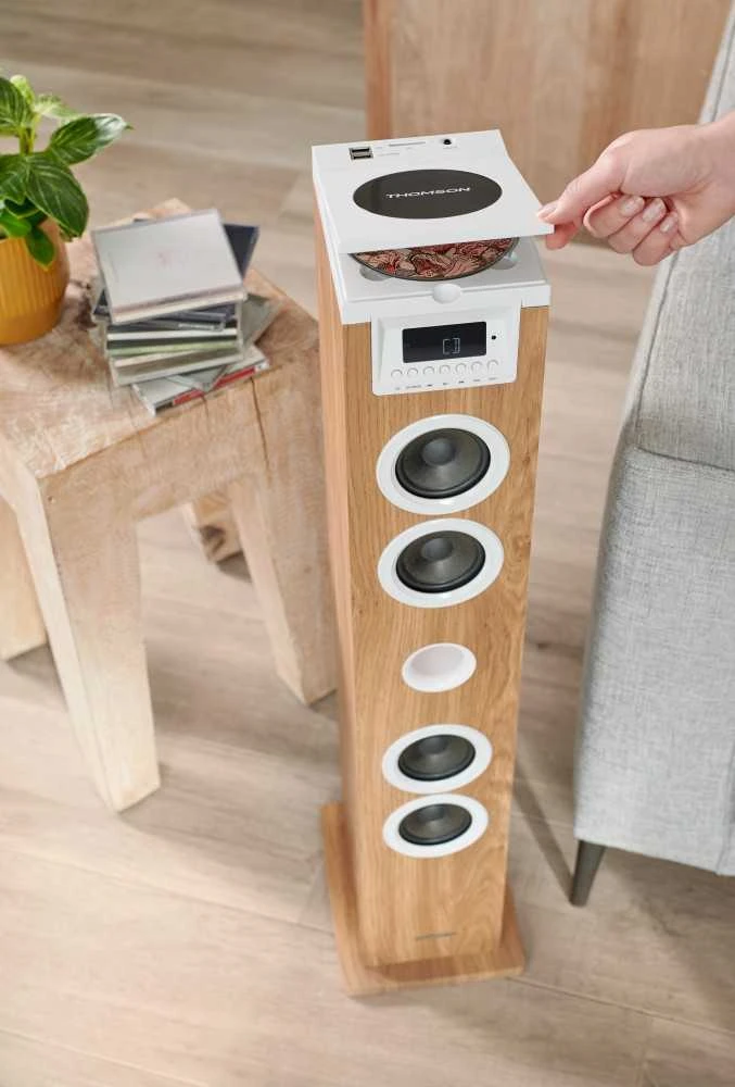 Kompiuterio kolonėlės Garsiakalbių Sistema - Thomson Sound Tower 60W CD USB SD Radijas Aux Nuotolinio Valdymo Pultas, Medinis, Baltas.