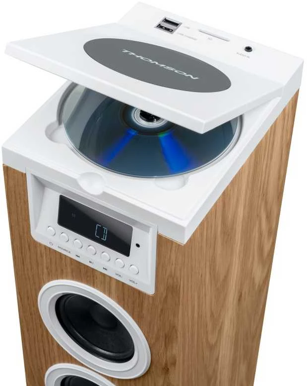 Kompiuterio kolonėlės Garsiakalbių Sistema - Thomson Sound Tower 60W CD USB SD Radijas Aux Nuotolinio Valdymo Pultas, Medinis, Baltas.