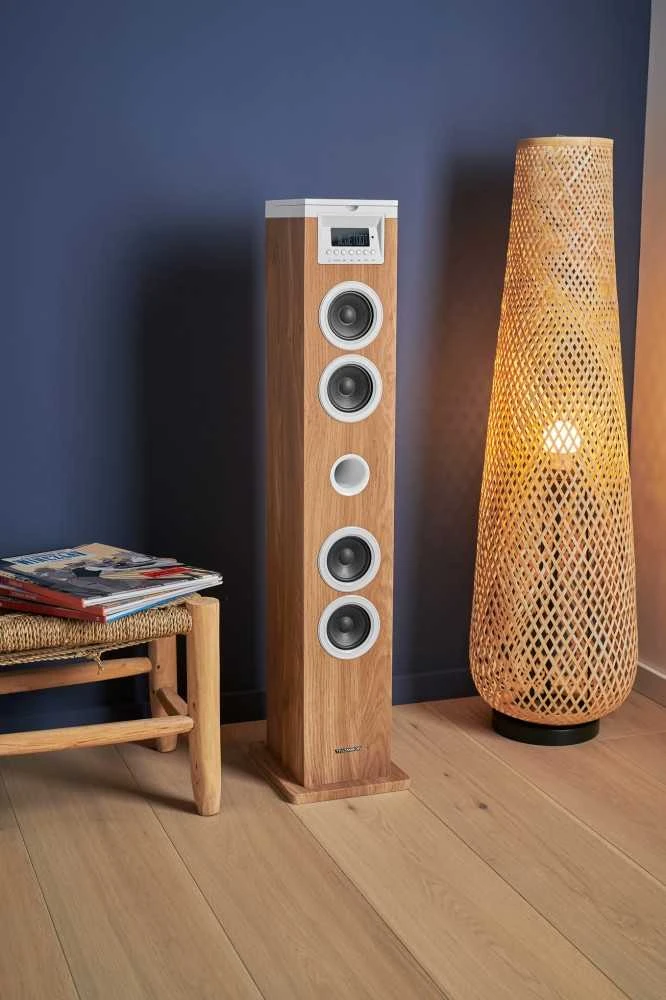 Kompiuterio kolonėlės Garsiakalbių Sistema - Thomson Sound Tower 60W CD USB SD Radijas Aux Nuotolinio Valdymo Pultas, Medinis, Baltas.