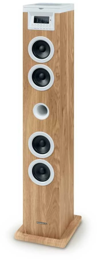 Kompiuterio kolonėlės Garsiakalbių Sistema - Thomson Sound Tower 60W CD USB SD Radijas Aux Nuotolinio Valdymo Pultas, Medinis, Baltas.