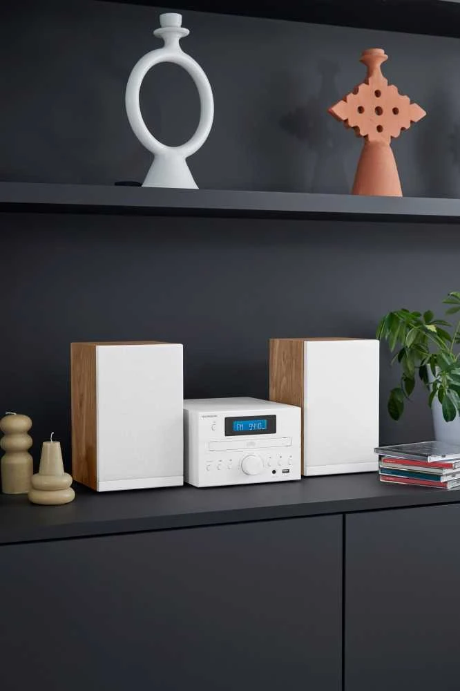 Muzikinis centras Thomson Micro garso sistema BT, radijas FM/CD/MP3/USB, medžio apdaila, balta.