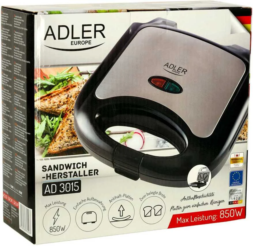Sumuštinių keptuvas Adler | Sumuštinių keptuvė | AD 3015 | 750 W | Lentelių skaičius 1 | Kepinių skaičius 2 | Juodas