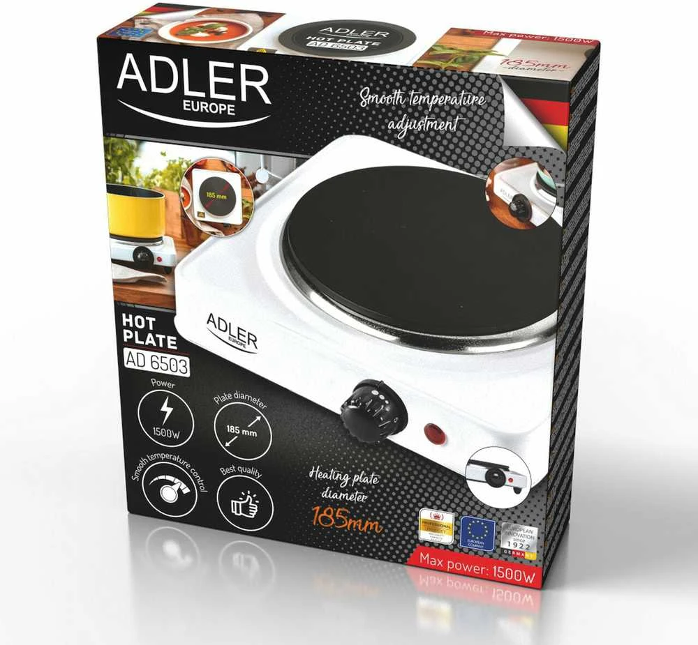 Adler | Laisvai pastatoma stalo kaitlentė | AD 6503 | Degiklių / virimo zonų skaičius: 1 | Elektrinė | Baltas