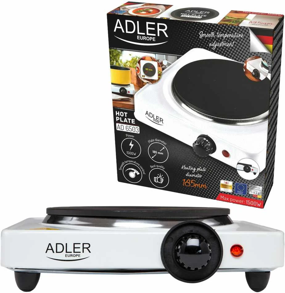 Adler | Laisvai pastatoma stalo kaitlentė | AD 6503 | Degiklių / virimo zonų skaičius: 1 | Elektrinė | Baltas