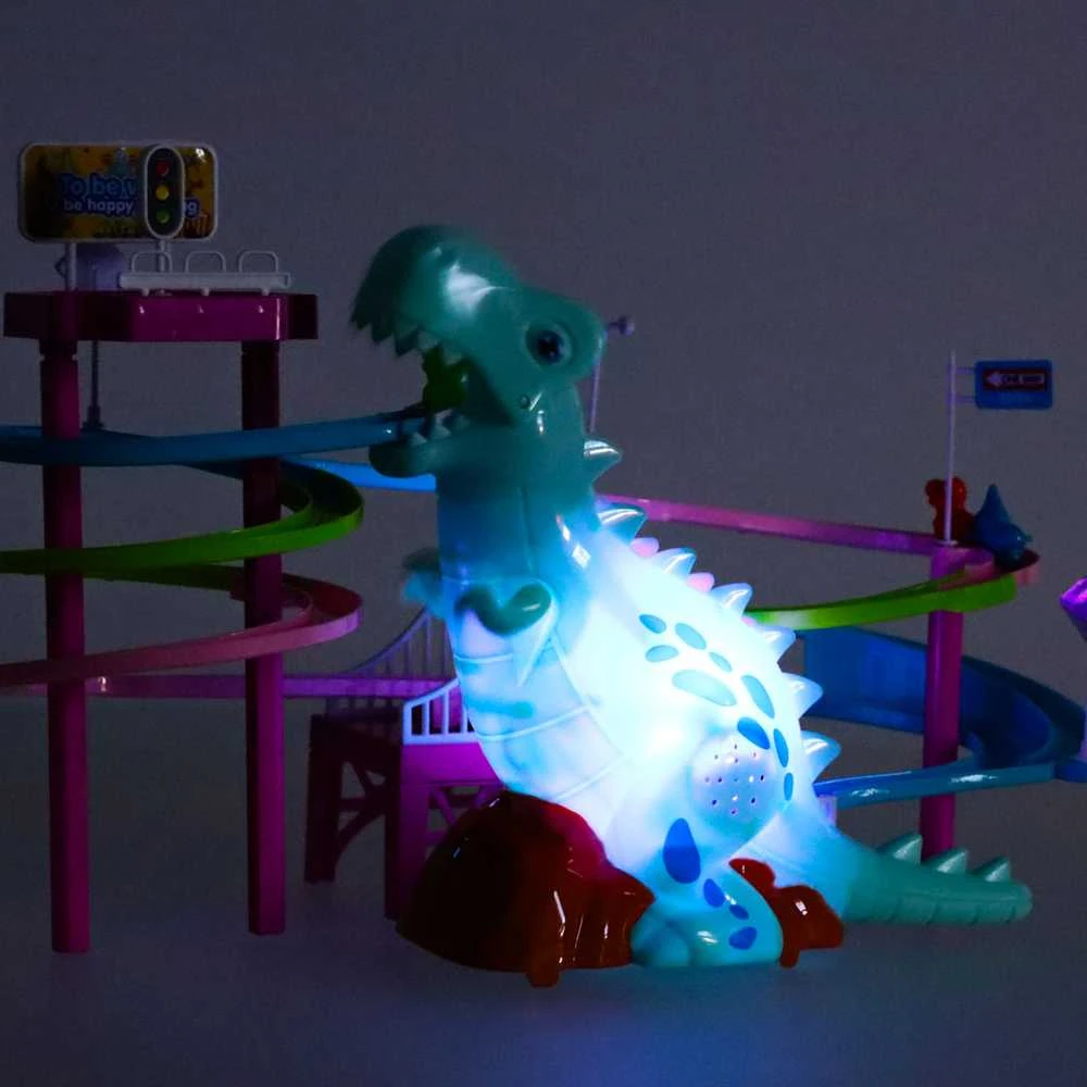 Dinozaurų lenktynių trasa dinozaurų garsai žibintai