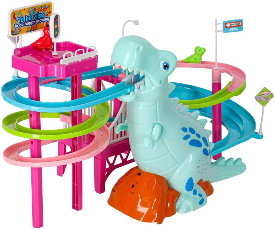 Dinozaurų lenktynių trasa dinozaurų garsai žibintai