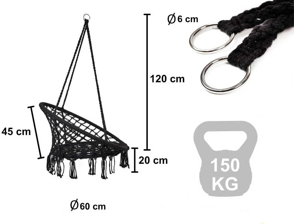 Boho stiliaus pakabinamas krėslas 80 cm | 150 kg | spalva: juoda