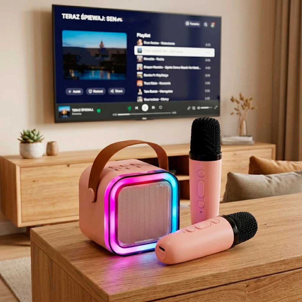 Ikonka Karaokės rinkinys 2 mikrofonai + nešiojamas garsiakalbis BLUETOOTH USB LED rožinis