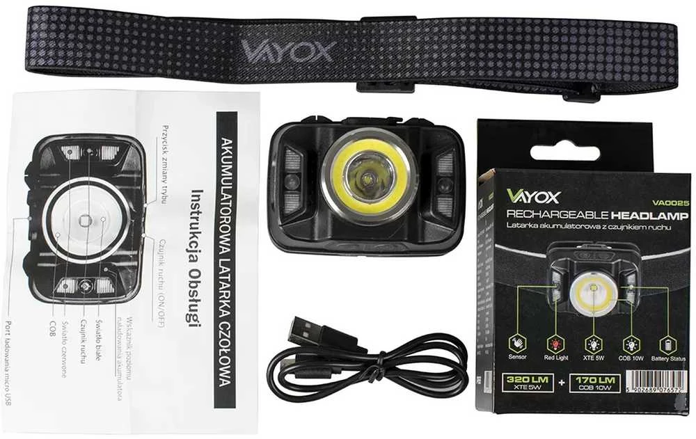 LED priekinis žibintas įkraunamas priekinis žibintas su judesio jutikliu XTE 5W+COB 10W VA0025 VAYOX
