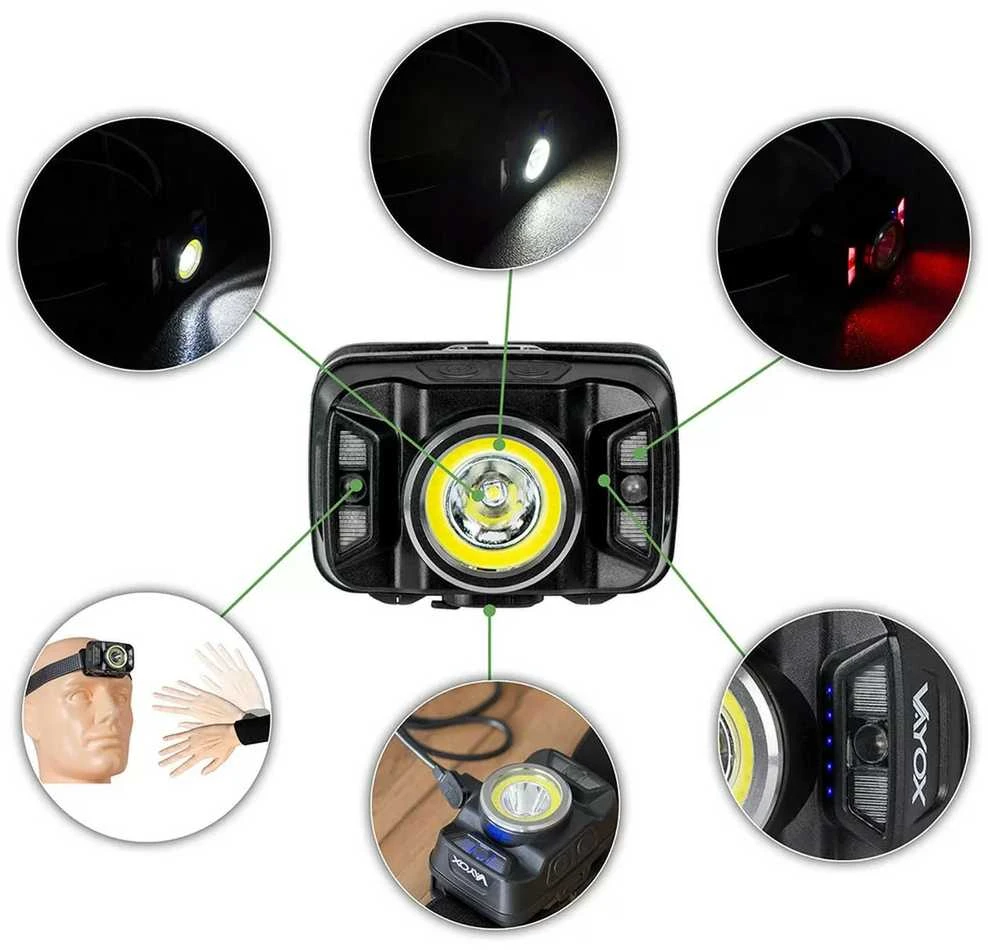 LED priekinis žibintas įkraunamas priekinis žibintas su judesio jutikliu XTE 5W+COB 10W VA0025 VAYOX