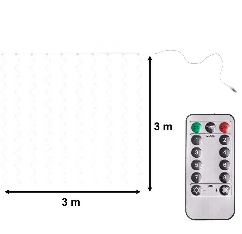 Roger 300 LED girlianda užuolaida 3x3 su pulteliu ir tvirtinimo kabliukais - multicolor