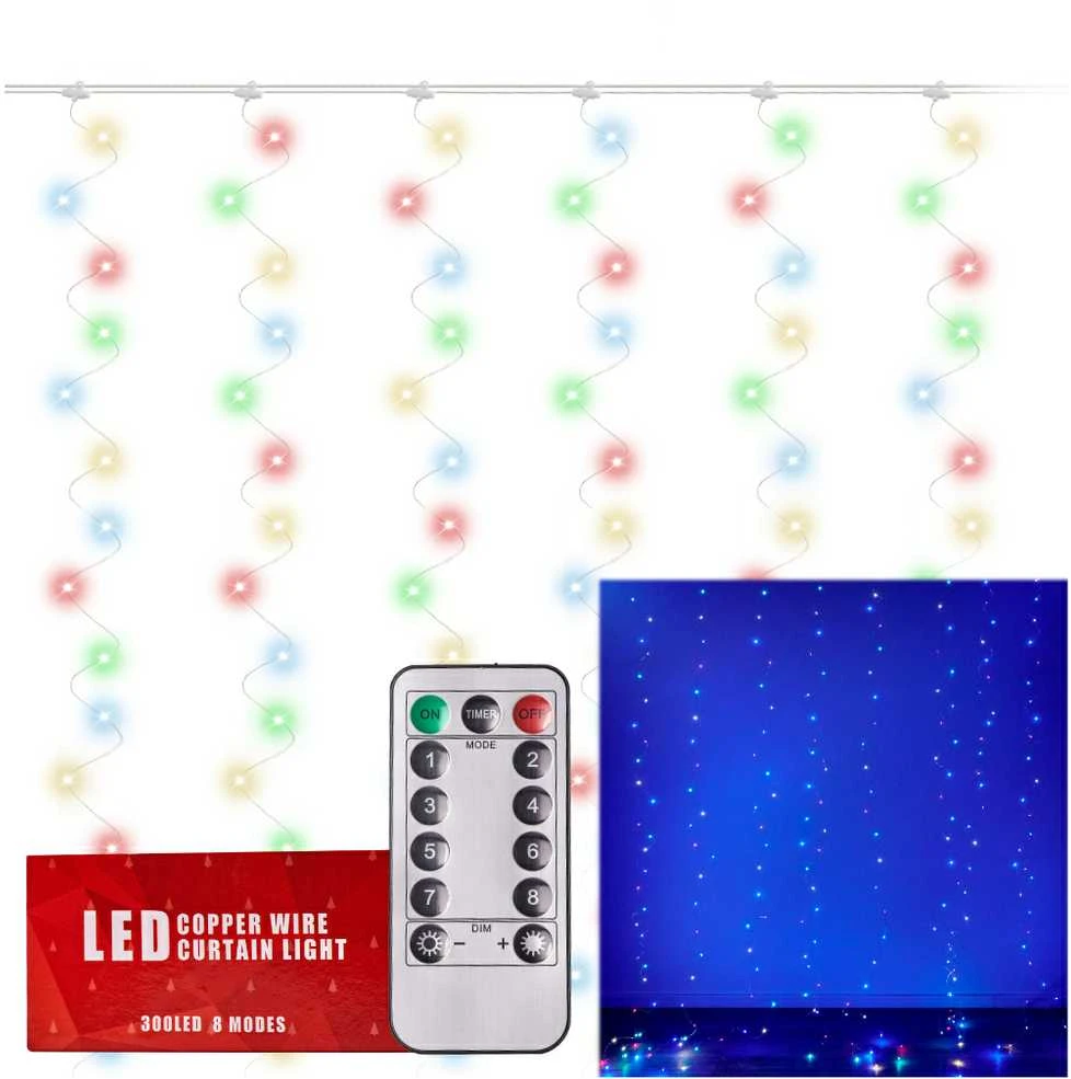 Roger 300 LED girlianda užuolaida 3x3 su pulteliu ir tvirtinimo kabliukais - multicolor