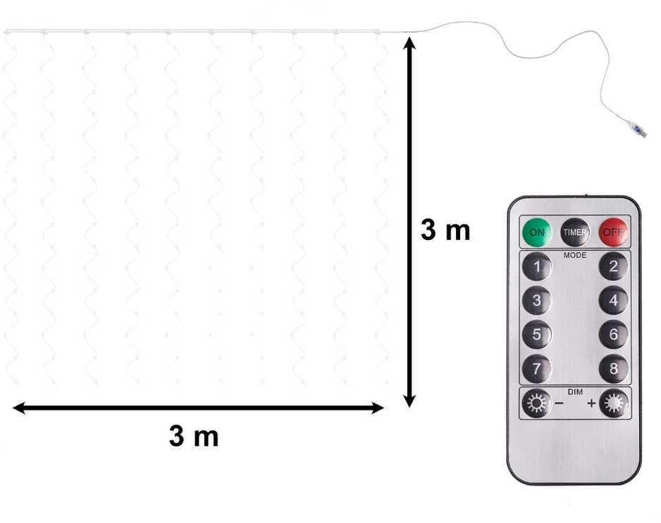 Roger 300 LED girlianda užuolaida 3x3 su pulteliu ir tvirtinimo kabliukais - šaltos spalvos