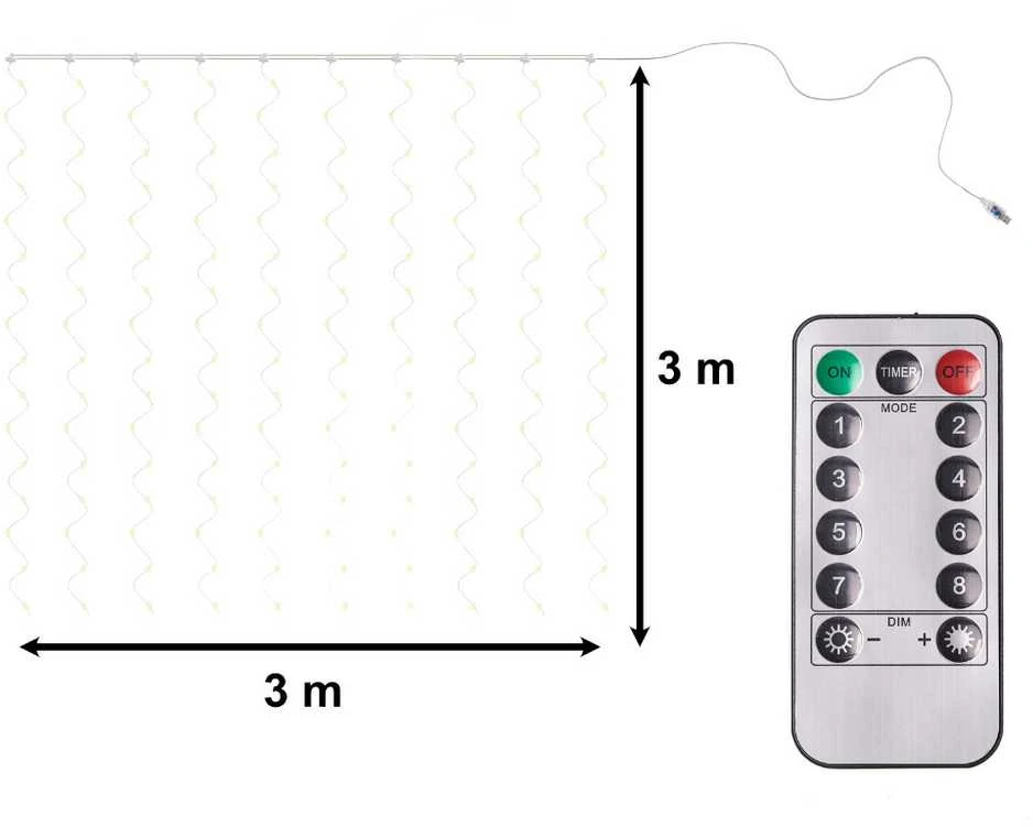 Roger 300 LED girlianda užuolaida 3x3 su pulteliu ir tvirtinimo kabliukais - šiltos spalvos