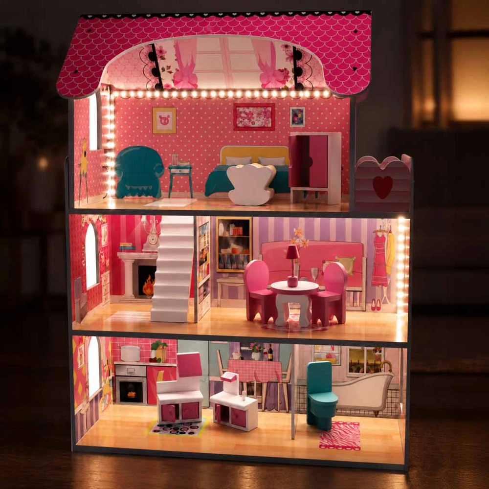 Ikonka MDF medinis lėlių namelis + baldai 70cm rožinis LED