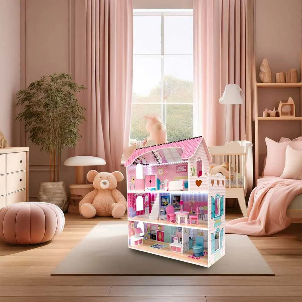 KIK MDF medinis lėlių namelis + baldai 70cm rožinis LED
